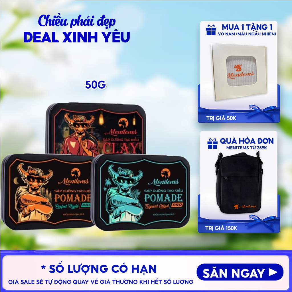 Sáp Dưỡng Tạo Kiểu Menitems Tự Nhiên, Giữ Nếp Lâu, Hương Thơm Nước Hoa Nam Tính Pomade Pro/Clay Gentle Blue 50g