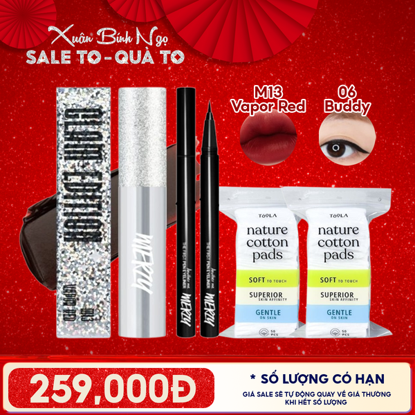  Combo Quà Tặng: Son Kem Lì Merzy Glam M13 Vapor Red + Bút Kẻ Mắt Nước Merzy P1 Đen + 2 Bông Tẩy Trang TOOLA - 50 miếng 