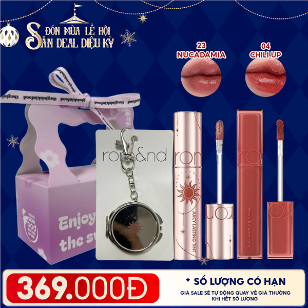  Combo Romand: Son Tint Lì Juicy Solunar Edition + Gương Móc Khóa Romand Solunar + Son Kem Lì Blur Fudge Tint 04 Chili Up + Túi Quà 