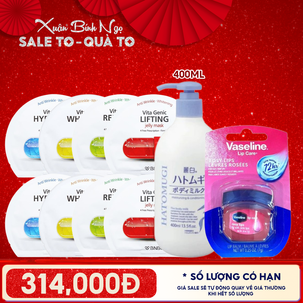 Combo Valentine: 8 Mặt Nạ Miếng BNBG Dưỡng Ẩm, Hỗ Trợ Dưỡng Trắng, Cải Thiện Làn Da Hàn Quốc (Vitamin A, B, B3, E) + Sữa Dưỡng Thể Hatomugi 400ml KHÔNG MÙI + Sáp Dưỡng Môi Vaseline ROSY LIPS