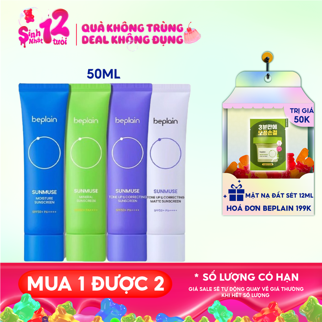 Kem Chống Nắng Thuần Chay Beplain Nâng Tone, Kiềm Dầu, Dưỡng Ẩm Sunmuse Sunscreen SPF50+/PA+++ 50ml