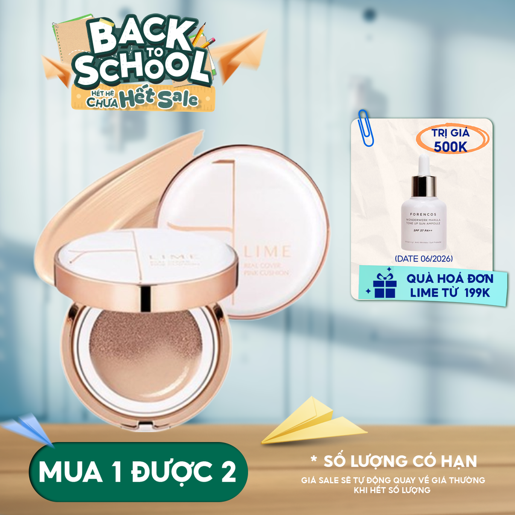Phấn Nước LIME Kiềm Dầu, Che Phủ Cao Real Cover Pink Cushion SPF 50+/PA+++ 20g
