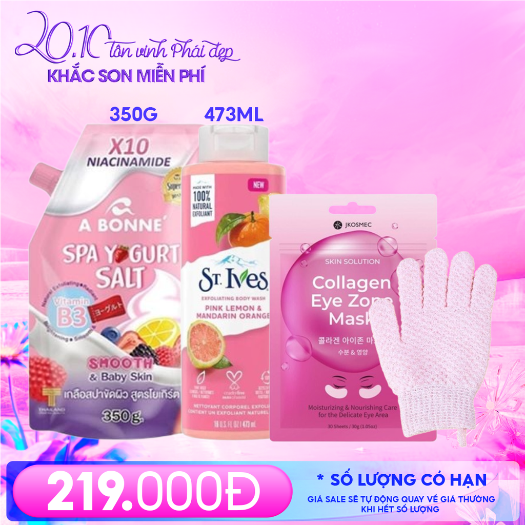 Combo 20/10: Muối Tắm Tẩy Tế Bào Chết Cơ Thể A Bonne (Túi 350g) #Yogurt + Mặt Nạ Mắt Jkosmec (30 miếng) + Sữa Tắm St.Ives #Chiết xuất cam chanh + Găng Tay Tẩy Tế Bào Chết TOOLA