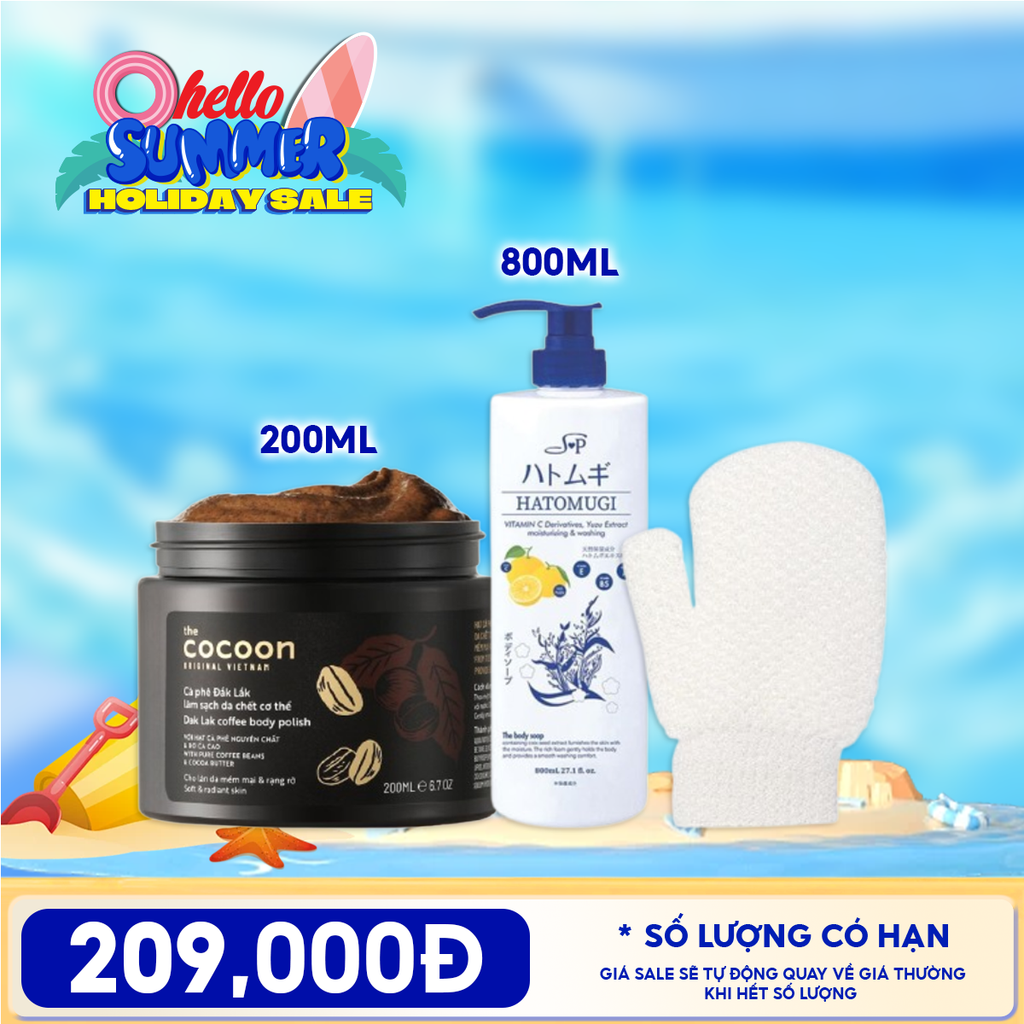 Combo Tiện Lợi: Cocoon Tẩy Da Chết Body Cà Phê Dak Lak Cocoon Body Polish 200ML + Sữa Tắm Hatomugi Moisturizing & Washing The Body Soap 800ml + Găng Tay Tắm Tẩy Tế Bào Chết LMLTOP