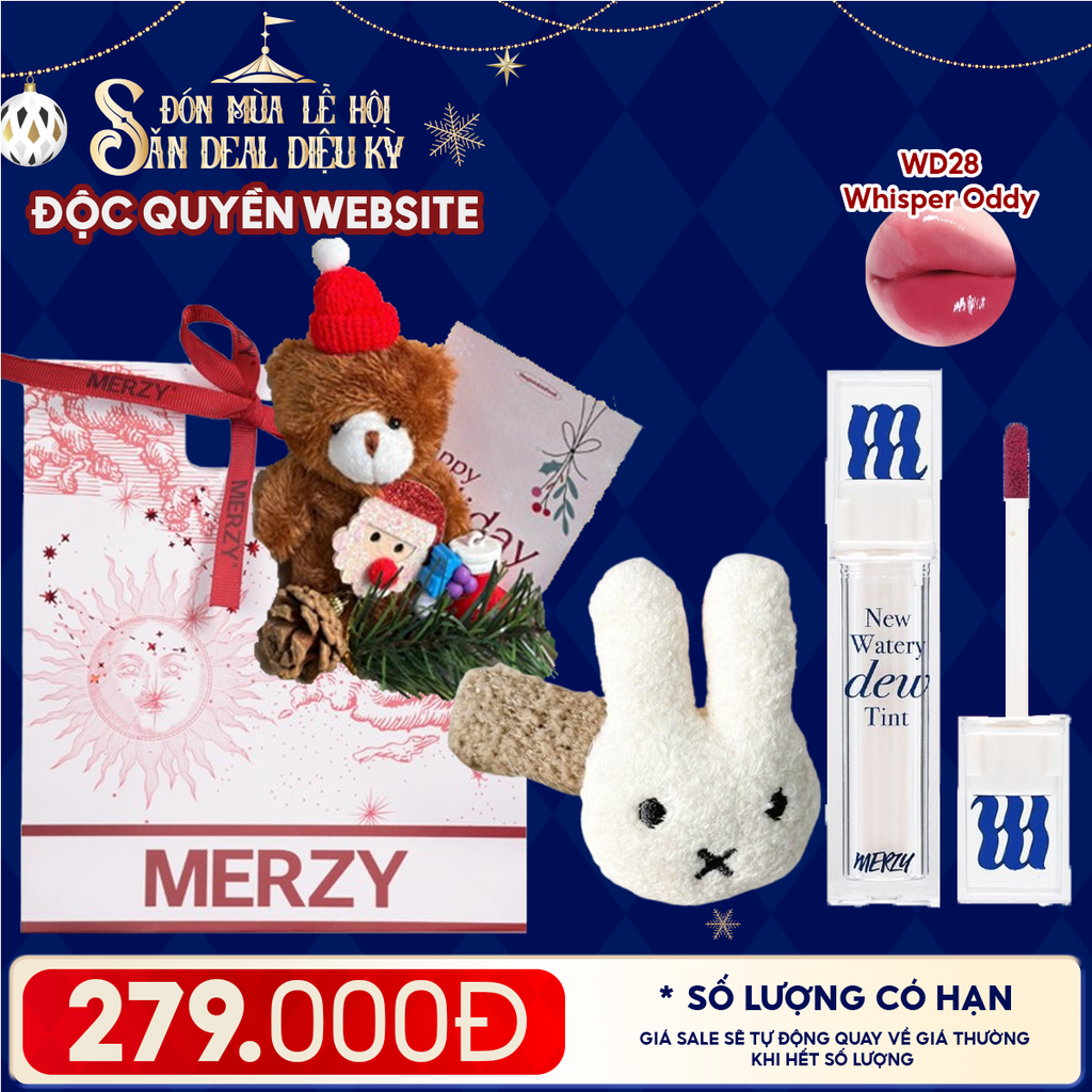 Túi Quà Giáng Sinh: Son Merzy + Kẹp Tóc Ngẫu Nhiên + Set Quà Gấu + Túi Giấy Merzy Holiday
