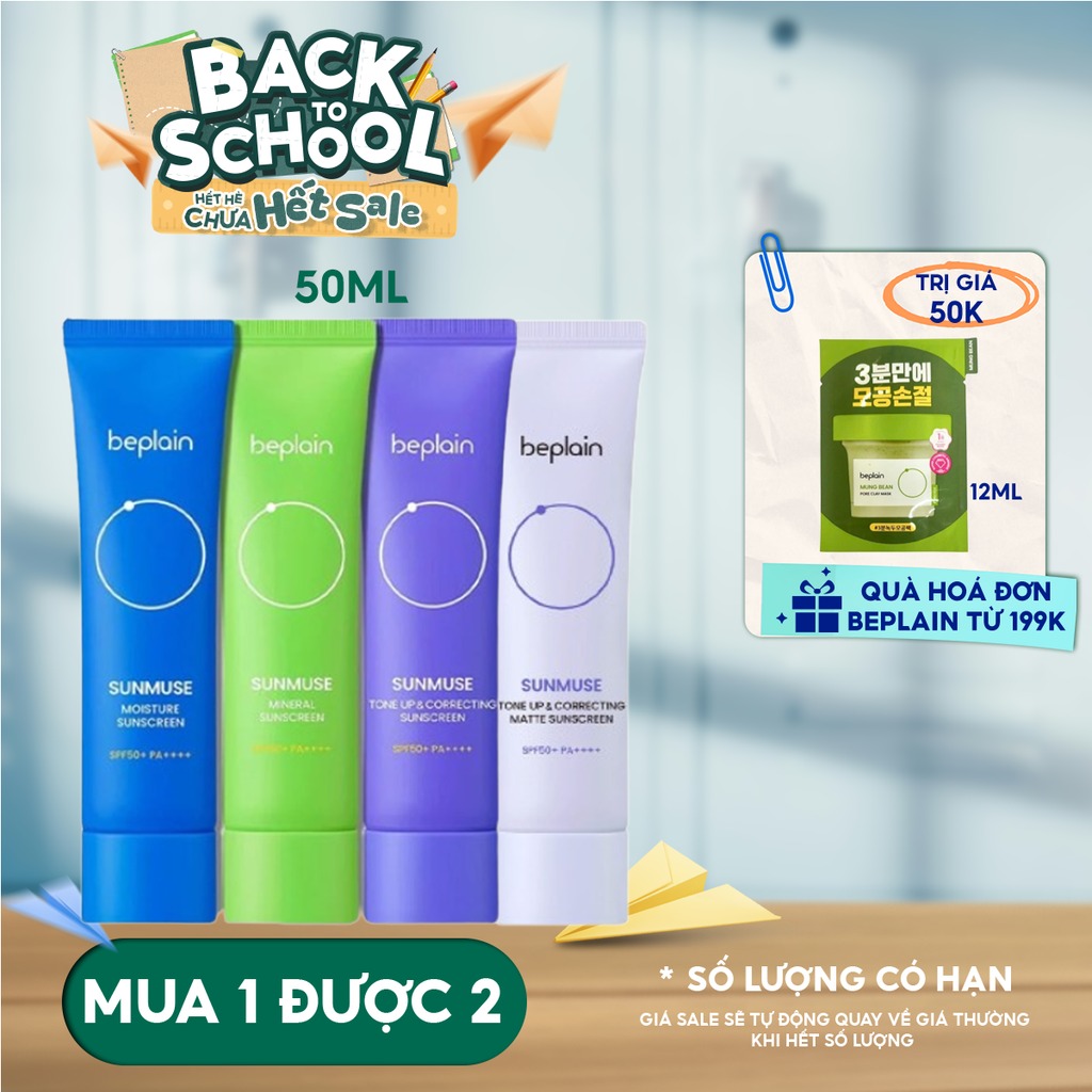 Kem Chống Nắng Thuần Chay Beplain Nâng Tone, Kiềm Dầu, Dưỡng Ẩm Sunmuse Sunscreen SPF50+/PA+++ 50ml