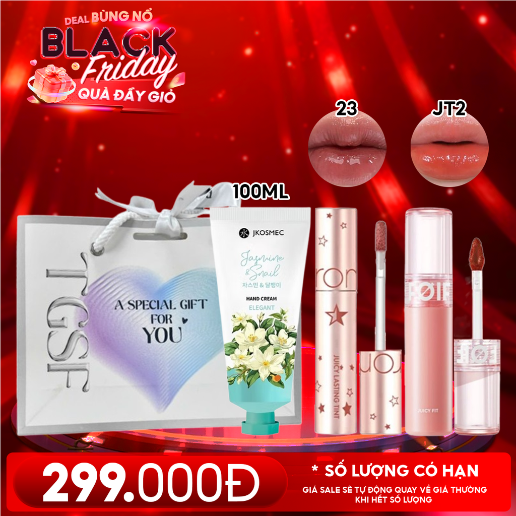 Combo Quà Tặng 20/11: Son Tint Lì/ Son Tint Nước Romand + Son Tint Bóng FOIF Juicy Fit Tint + Kem Dưỡng Tay Jkosmec + Túi Quà