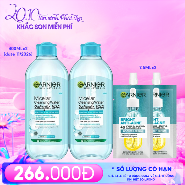  Combo Garnier 4 Sản Phẩm: Nước Tẩy Trang Nắp Xanh Da Dầu Mụn 400ml (date 11/2026)(2 Chai) + Tinh Chất Giảm Mụn, Dưỡng Sáng, Mờ Thâm 7.5ml (2 Tuýp) 
