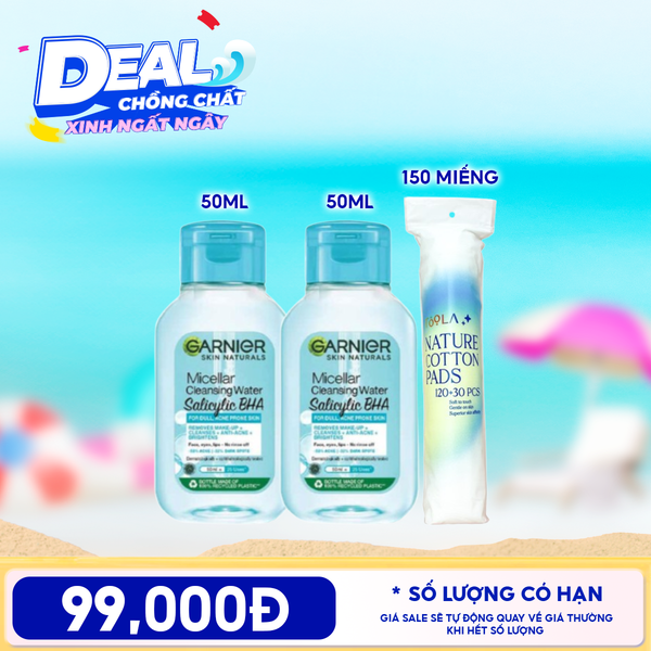  Combo Travel: Nước Tẩy Trang Garnier Làm Sạch Sâu Micellar Cleansing Water 50ml + Bông Tẩy Trang Mềm Mịn TOOLA 