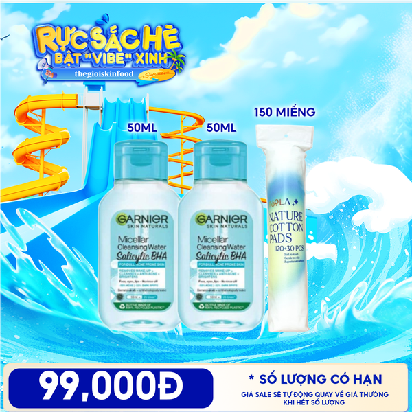  Combo Travel: Nước Tẩy Trang Garnier Làm Sạch Sâu Micellar Cleansing Water 50ml + Bông Tẩy Trang Mềm Mịn TOOLA 