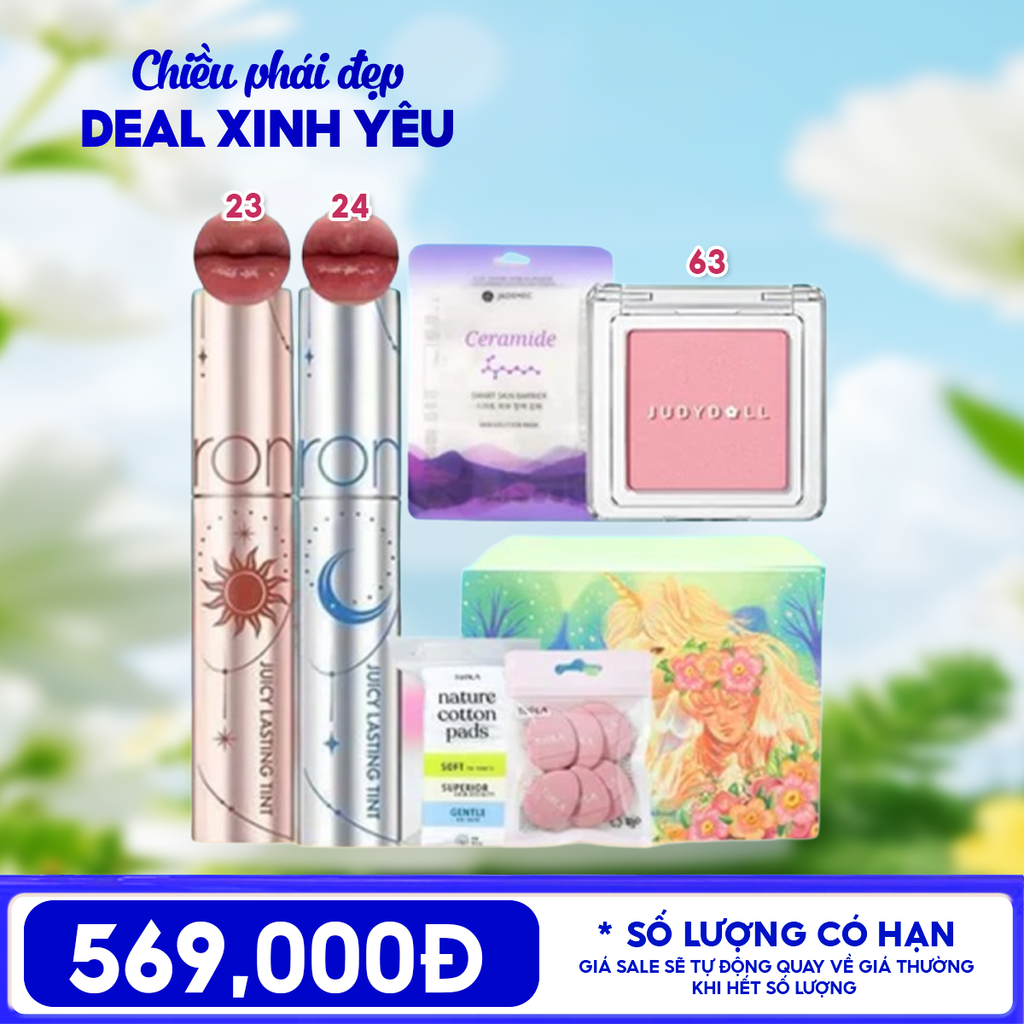 [HỘP QUÀ YÊU THƯƠNG] Son Tint Lì Romand The Juicy Lasting Tint Solunar + Phấn Má Hồng Đơn Sắc Judydoll Blush Powder + Bông Mút Trang Điểm, Tẩy Trang TOOLA + Mặt Nạ Jkosmec + Hộp Quà Ngẫu Nhiên