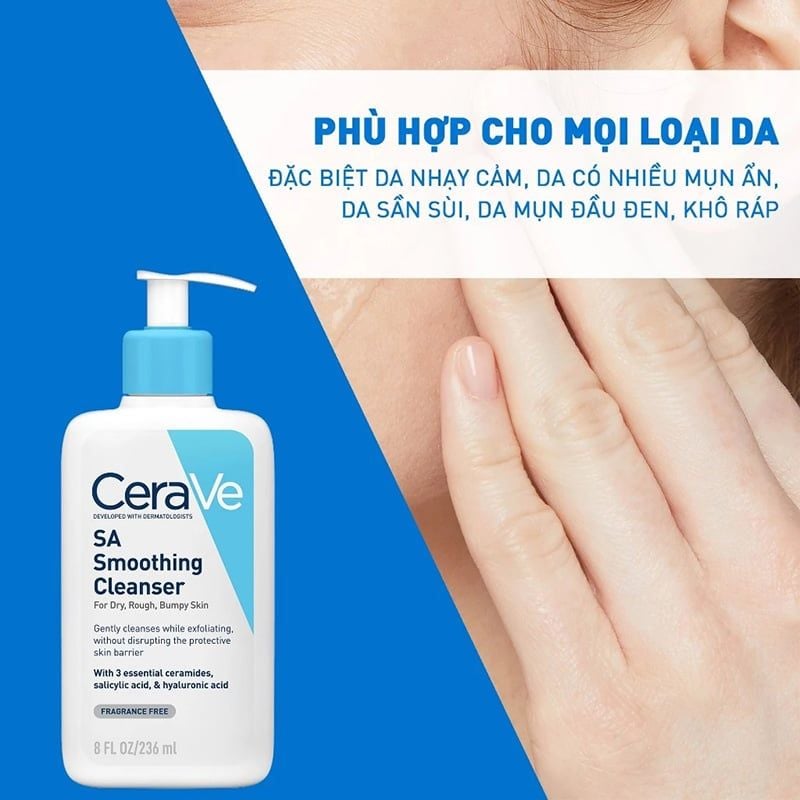 Sữa Rửa Mặt Cerave Làm Sạch Sâu Cho Da Mụn, Tẩy Da Chết Dịu Nhẹ Developed With Dermatologists SA Smoothing Cleanser 236ml