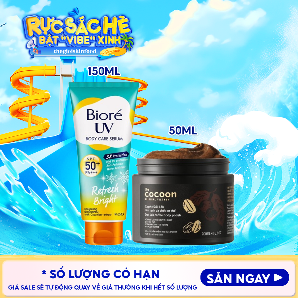 Combo 2 Sản Phẩm: Serum Dưỡng Thể Chống Nắng Bioré Kháng Bụi UV Anti-Pollution Body Care + Tẩy Da Chết Body CocoonCà Phê Dak Lak Cocoon Body Polish 200ML