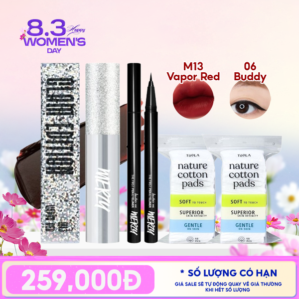 Combo Quà Tặng: Son Kem Lì Merzy Glam M13 Vapor Red + Bút Kẻ Mắt Nước Merzy P1 Đen + 2 Bông Tẩy Trang TOOLA - 50 miếng 