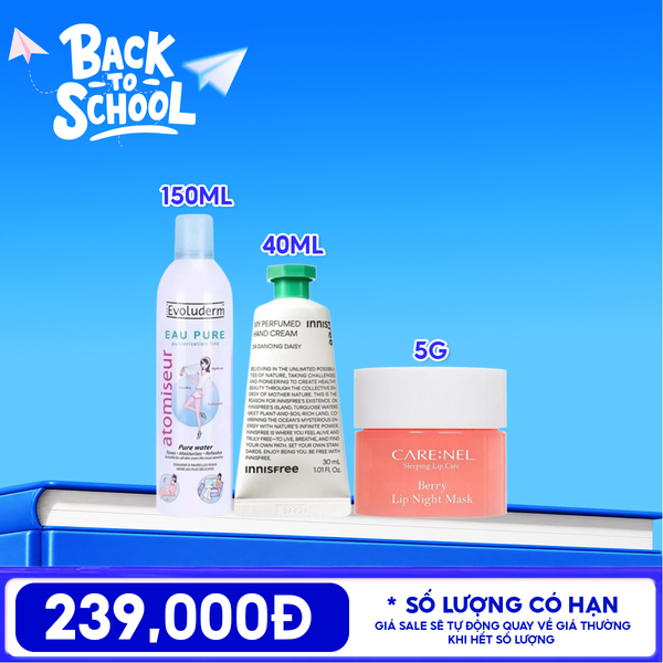  Combo BTS: Xịt Khoáng Evoluderm Atomiseur Eau Pure Water + Kem Dưỡng Da Tay Hương Nước Hoa Innisfree +  Mặt Nạ Ngủ Môi Carenel Lip Night Mask 