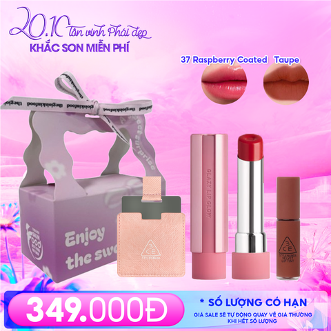 Combo Quà Tặng 20/10: Túi Quà + Son Bóng Dưỡng Môi Có Màu 3CE 37 Raspberry Coated + Gương Vuông Nhỏ + Son Kem Lì Mini 3CE Taupe