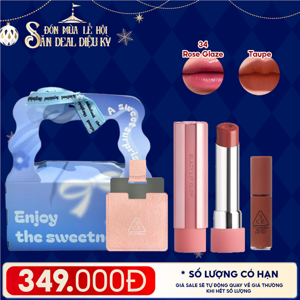  Combo Quà Tặng: Túi Quà + Son Bóng Dưỡng Môi Có Màu 3CE 34 Rose Glaze + Gương Vuông Nhỏ + Son Kem Lì Mini 3CE Taupe 