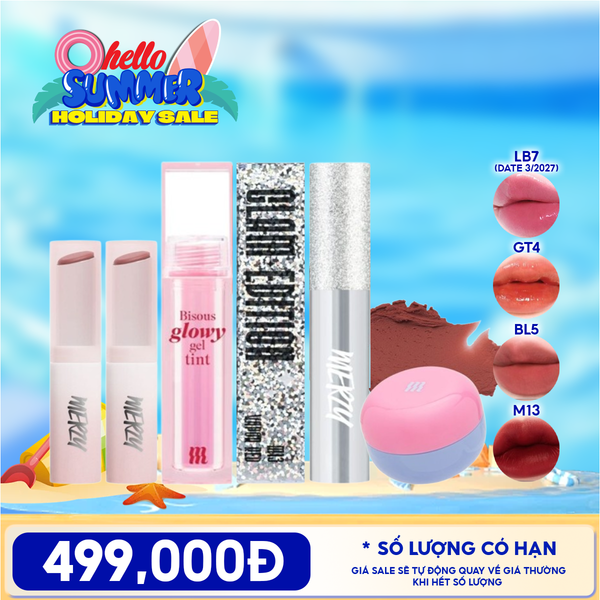  [PACK TIẾT KIỆM 15%] 2 Son Dưỡng Ẩm Có Màu Merzy LB7 Off Grape (date 03/2027) + Son Bóng Pha Lê Merzy + Son Kem Bùn Kiêm Má Hồng Merzy + Son Kem Lì Merzy The Glam M13 Vapor Red 