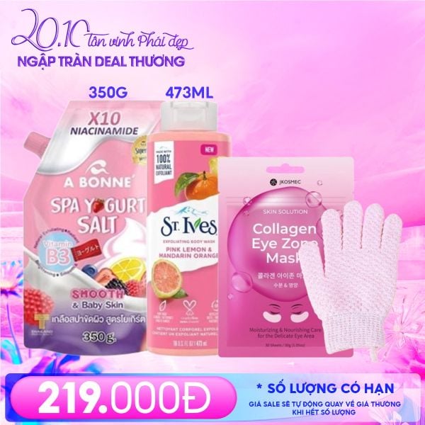  Combo 20/10: Muối Tắm Tẩy Tế Bào Chết Cơ Thể A Bonne (Túi 350g) #Yogurt + Mặt Nạ Mắt Jkosmec (30 miếng) + Sữa Tắm St.Ives #Chiết xuất cam chanh + Găng Tay Tẩy Tế Bào Chết TOOLA 