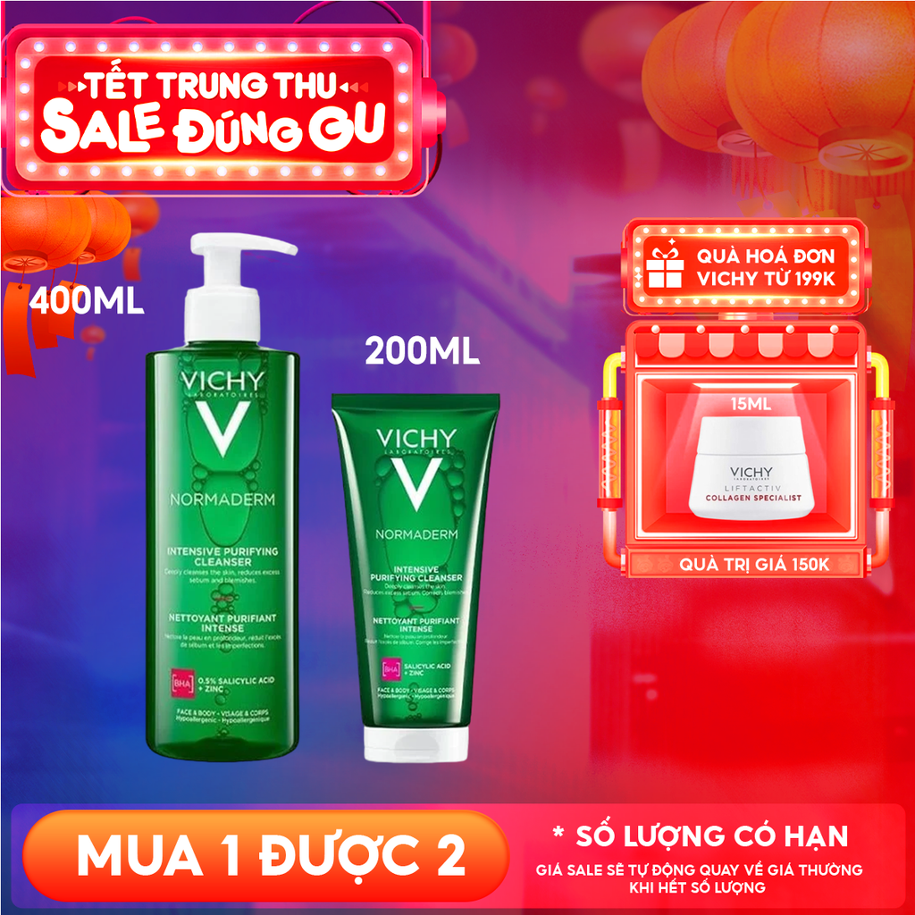 Gel Rửa Mặt Vichy Cho Da Dầu Mụn Làm Sạch Sâu, Giảm Nhờn Normaderm Phytosolution Intensive Purifying Gel
