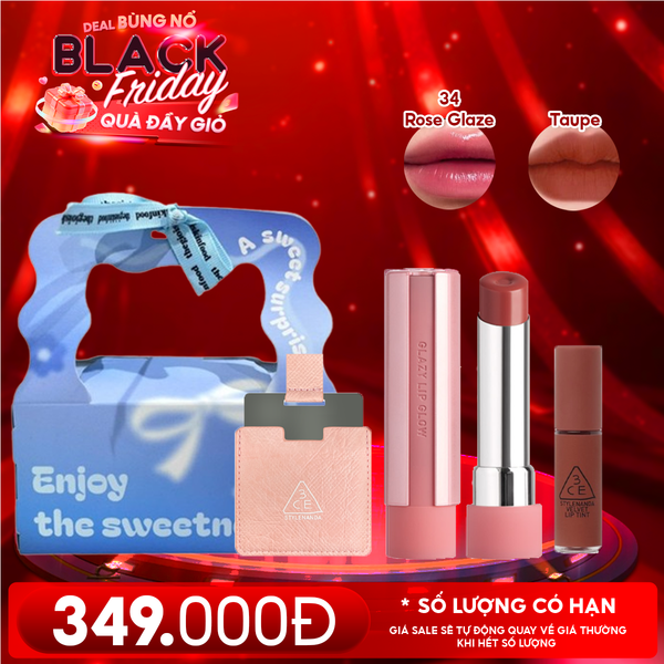  Combo Quà Tặng: Túi Quà + Son Bóng Dưỡng Môi Có Màu 3CE 34 Rose Glaze + Gương Vuông Nhỏ + Son Kem Lì Mini 3CE Taupe 
