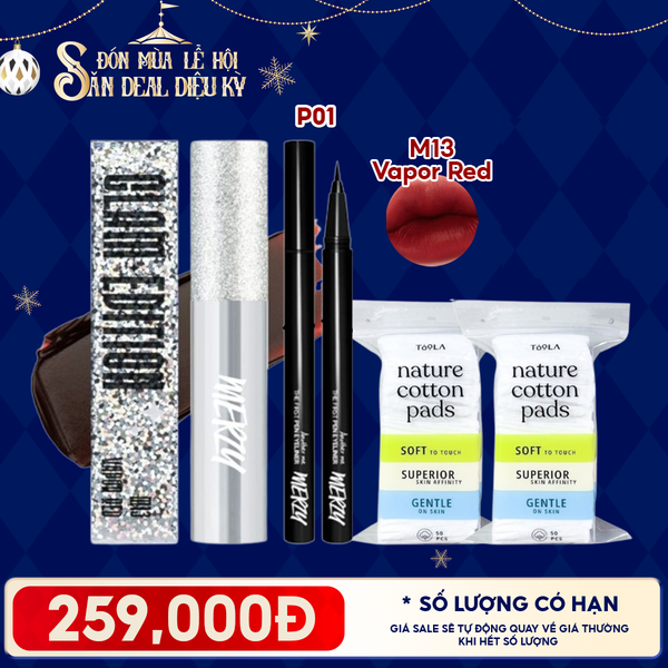  Combo Quà Tặng: Son Kem Lì Merzy Glam M13 Vapor Red + Bút Kẻ Mắt Nước Merzy P1 Đen + 2 Bông Tẩy Trang TOOLA - 50 miếng 