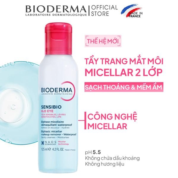  Tẩy Trang Mắt Môi Bioderma Sạch Thoáng, Mềm Mịn Sensibio H2O Eye 125ml 