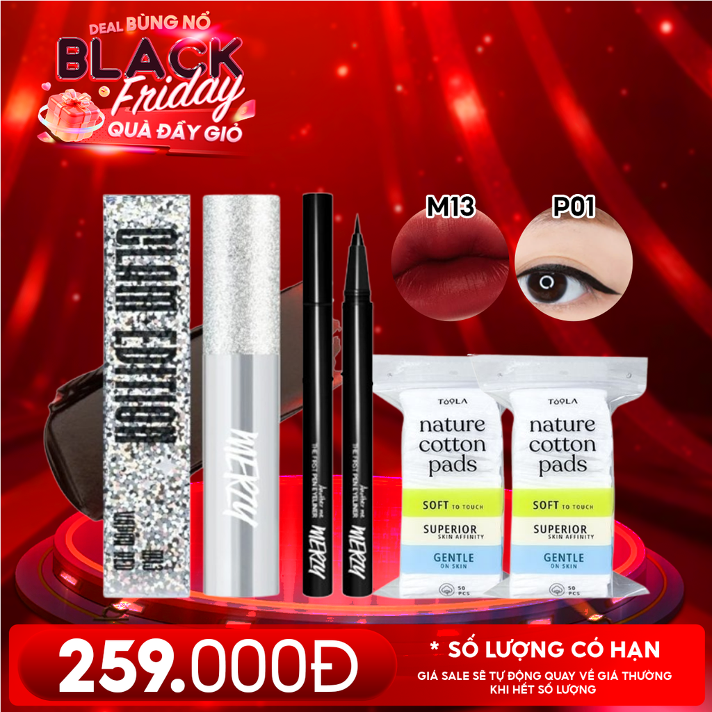 Combo Quà Tặng 20/11: Son Kem Lì Merzy Glam M13 Vapor Red + Bút Kẻ Mắt Nước Merzy P1 Đen + 2 Bông Tẩy Trang TOOLA - 50 miếng