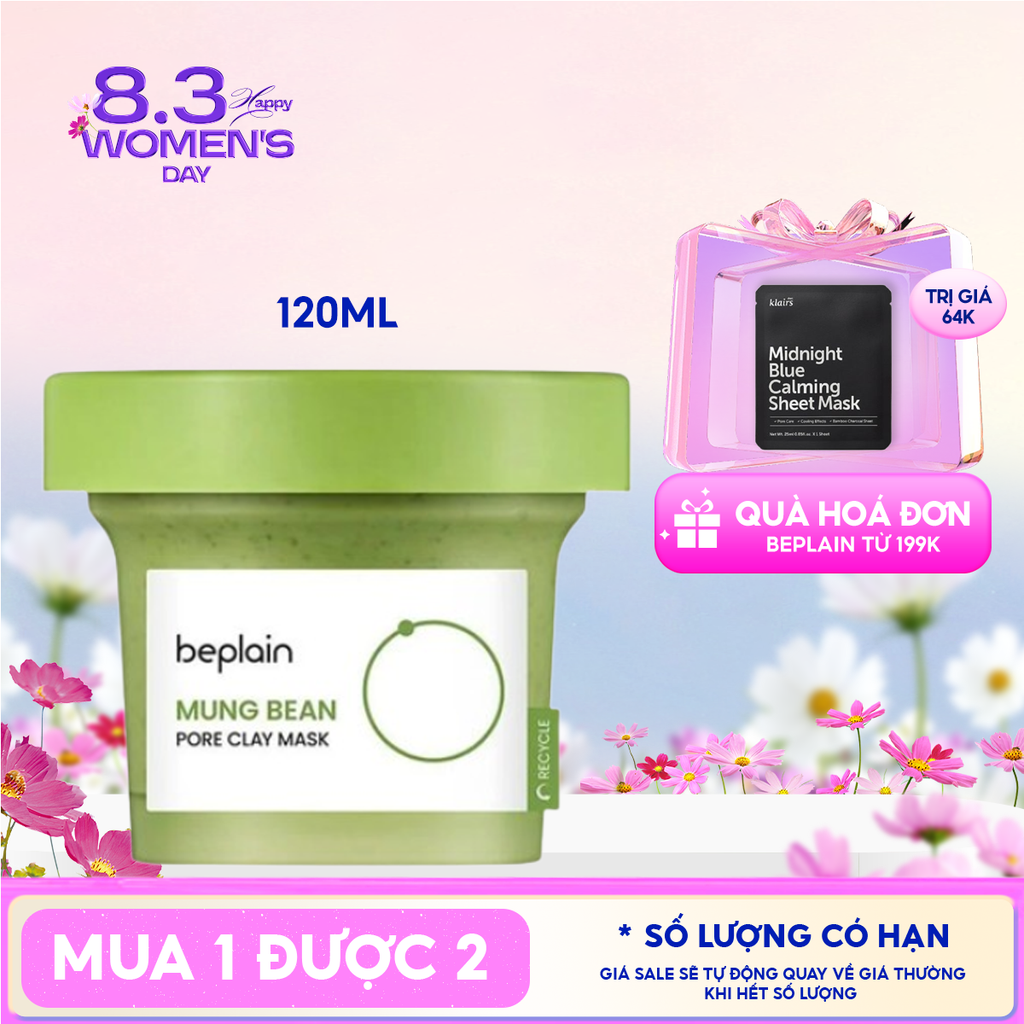 Mặt Nạ Đất Sét Beplain Thu Nhỏ Lỗ Chân Lông, Giảm Mụn Đầu Đen Mung Bean Pore Clay Mask 120ml