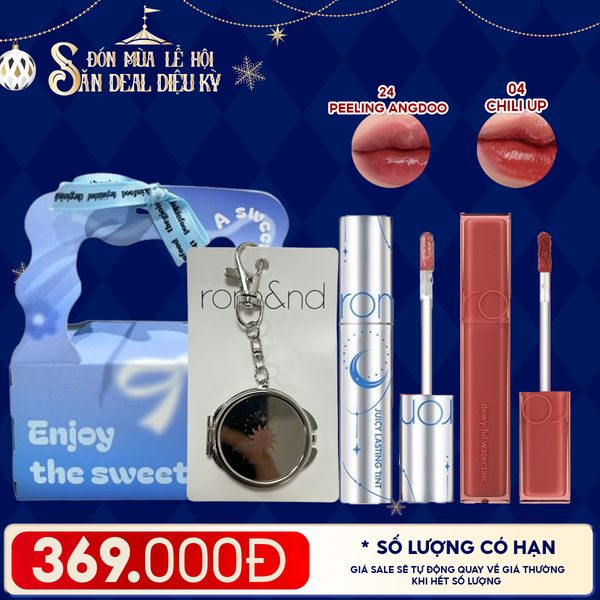  Combo Romand: Son Tint Lì Juicy Solunar Edition + Gương Móc Khóa Romand Solunar + Son Kem Lì Blur Fudge Tint 04 Chili Up + Túi Quà 