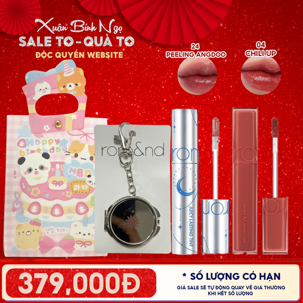  Combo Romand: Son Tint Lì Juicy Solunar Edition + Gương Móc Khóa Romand Solunar + Son Kem Lì Blur Fudge Tint 04 Chili Up + Túi Quà 