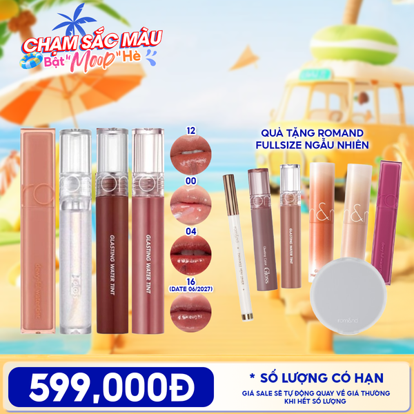  [PACK TIẾT KIỆM] Son Tint Bóng Romand Dewyful Water Tint 5g + Son Tint Bóng Romand Glasting Water Gloss 4.3g + Son Tint Nước Romand Glasting Water Tint 4g + Quà Tặng Fullsize Romand Ngẫu Nhiên 
