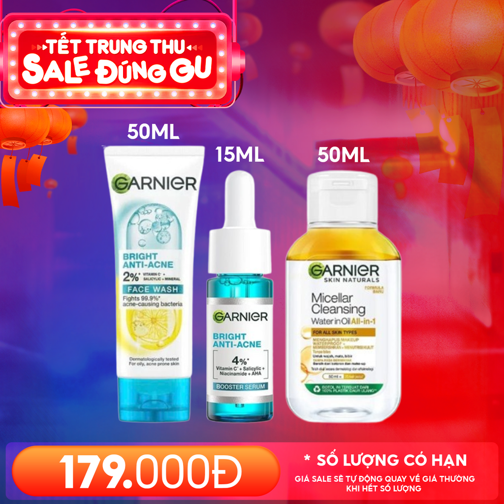 Combo 3 Sản Phẩm Garnier: Serum Tinh Chất Dưỡng Sáng Da, Mờ Thâm Nám 15ml + Sữa Rửa Mặt Giảm Mụn, Dưỡng Sáng Da 50ml + Nước Tẩy Trang Làm Sạch Sâu 2 Lớp 50ml