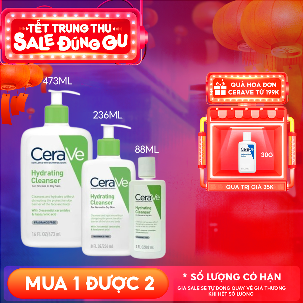 Sữa Rửa Mặt Cerave Dưỡng Ẩm, Làm Sạch Sâu Dành Cho Da Thường & Da Khô Developed With Dermatologists Hydrating Cleanser