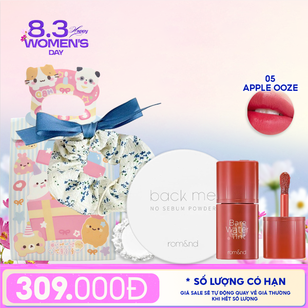  Combo Quà Tặng: Phấn Phủ Dạng Bột Romand Back Me No Sebum + Son Tint Romand Bare Water Tint + Cột Tóc + Túi Quà 