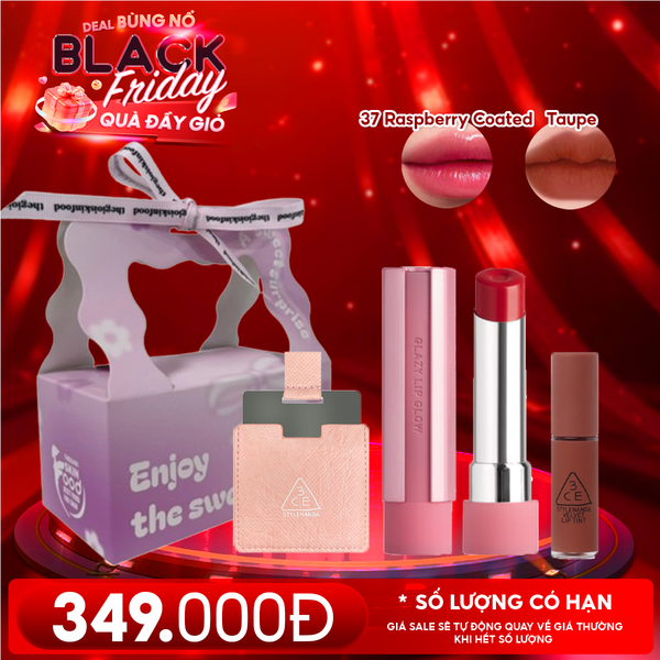  Combo Quà Tặng 20/11: Túi Quà + Son Bóng Dưỡng Môi Có Màu 3CE 37 Raspberry Coated + Gương Vuông Nhỏ + Son Kem Lì Mini 3CE Taupe 