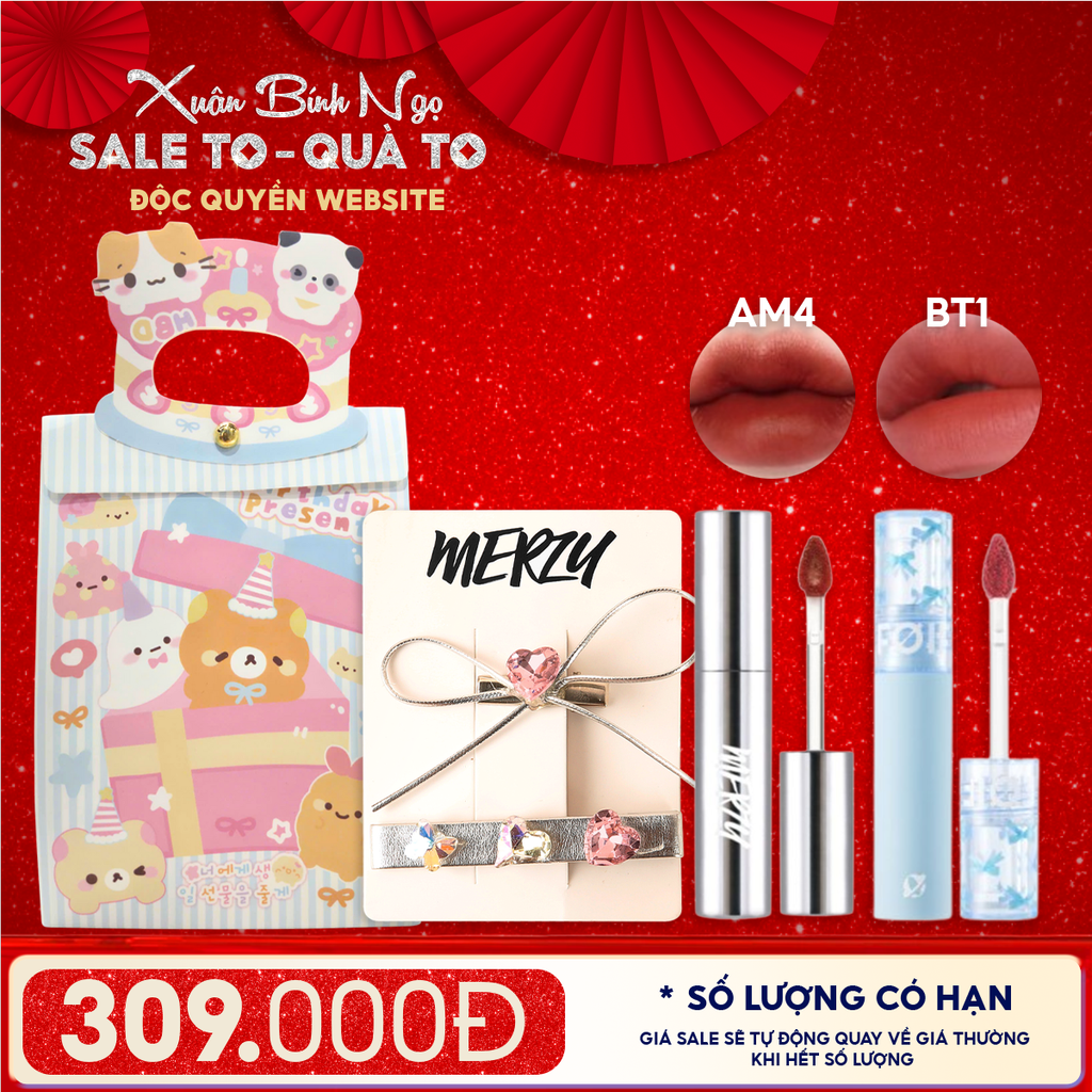 Combo Quà Tặng: Son Kem Lì Merzy The Glam Mellow Tint + Son Kem Lì FOIF Daily Blur Tint + Kẹp Tóc Merzy + Túi Quà