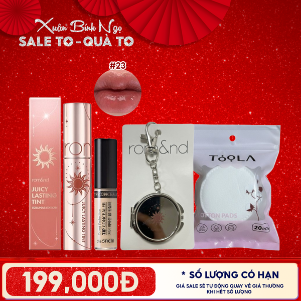  Combo Quà Tặng 8.3:  Son Tint Lì Romand Juicy Solunar Edition + Gương Móc Khóa Romand Solunar + Bông Tẩy Trang Tròn TOOLA x Romand +Kem Chống Nắng The Saem Clear Beige 