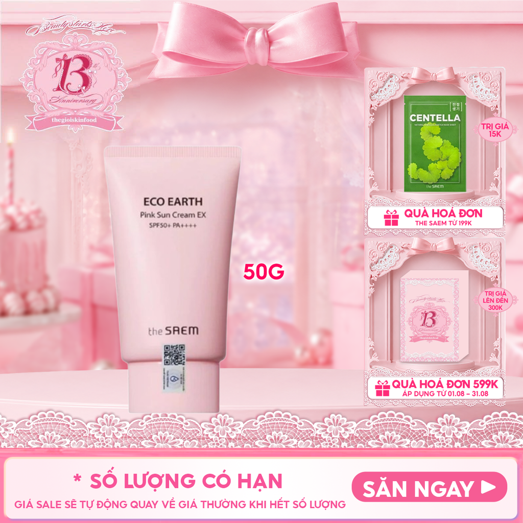 [50g] Kem Chống Nắng The Saem Kiềm Dầu, Nâng Tone Cho Da Sáng Hồng Pink Sun Cream EX SPF50+/PA++++