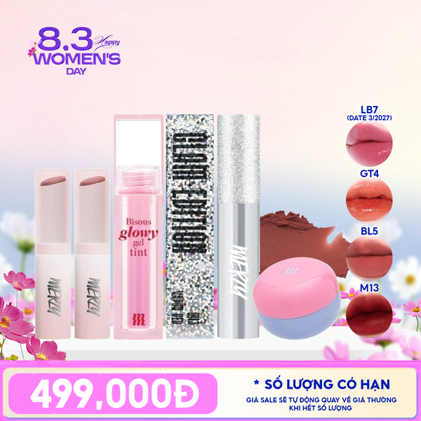  [PACK TIẾT KIỆM 15%] 2 Son Dưỡng Ẩm Có Màu Merzy LB7 Off Grape (date 03/2027) + Son Bóng Pha Lê Merzy + Son Kem Bùn Kiêm Má Hồng Merzy + Son Kem Lì Merzy The Glam M13 Vapor Red 