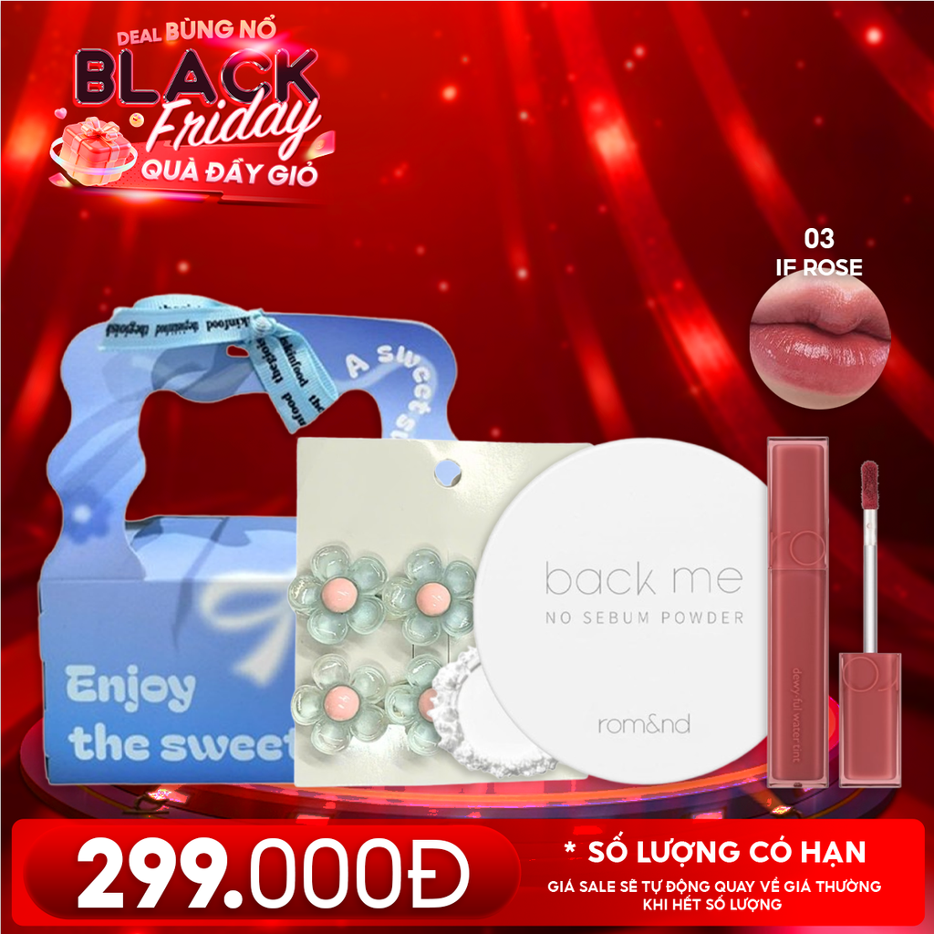 Combo Quà Tặng 20/11: Phấn Phủ Dạng Bột Romand Back Me No Sebum + Son Tint Bóng Romand Dewyful Water Tint  + Kẹp Tóc + Túi Quà