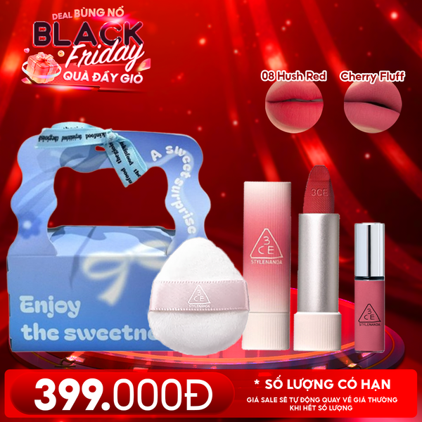  Combo Quà Tặng 20/11: Túi Quà + Son Thỏi Mịn Lì, Mềm Môi 3CE 08 Hush Red + Mút Trang Điểm 3CE + Son Kem Lì Mini 3CE Cherry Fluff 
