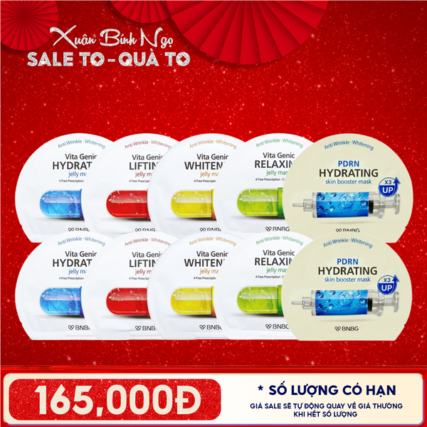  Combo BNBG 10 Mask: Mặt Nạ Miếng Vita Genic Vitamin B (2 miếng) + Vitamin E (2 miếng) + Vitamin A (2 miếng) + Vitamin B3 (2 miếng) + Hydrating (2 miếng) 
