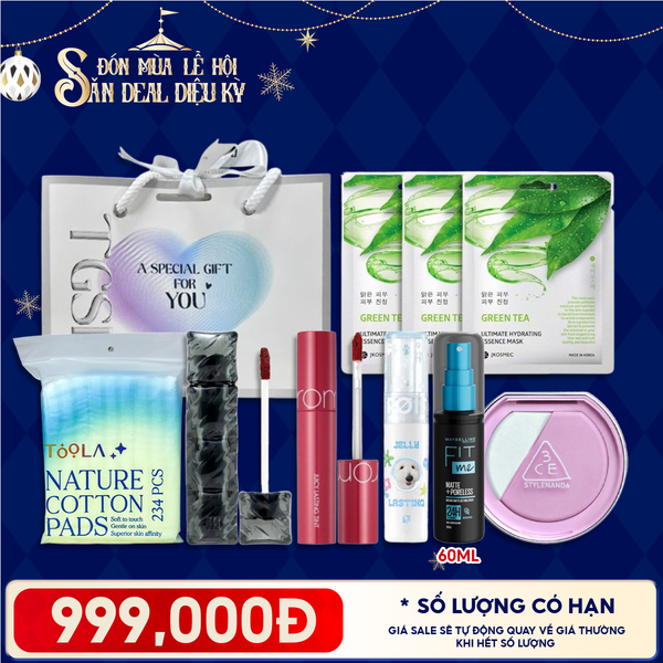  Túi Quà Giáng Sinh 999K: 3 Son Fullsize + 1 Má Hồng 3CE + 1 Xịt Khóa Nền Maybelline + 1 Bông Tẩy Trang 234M + 3 Mặt Nạ + Túi 