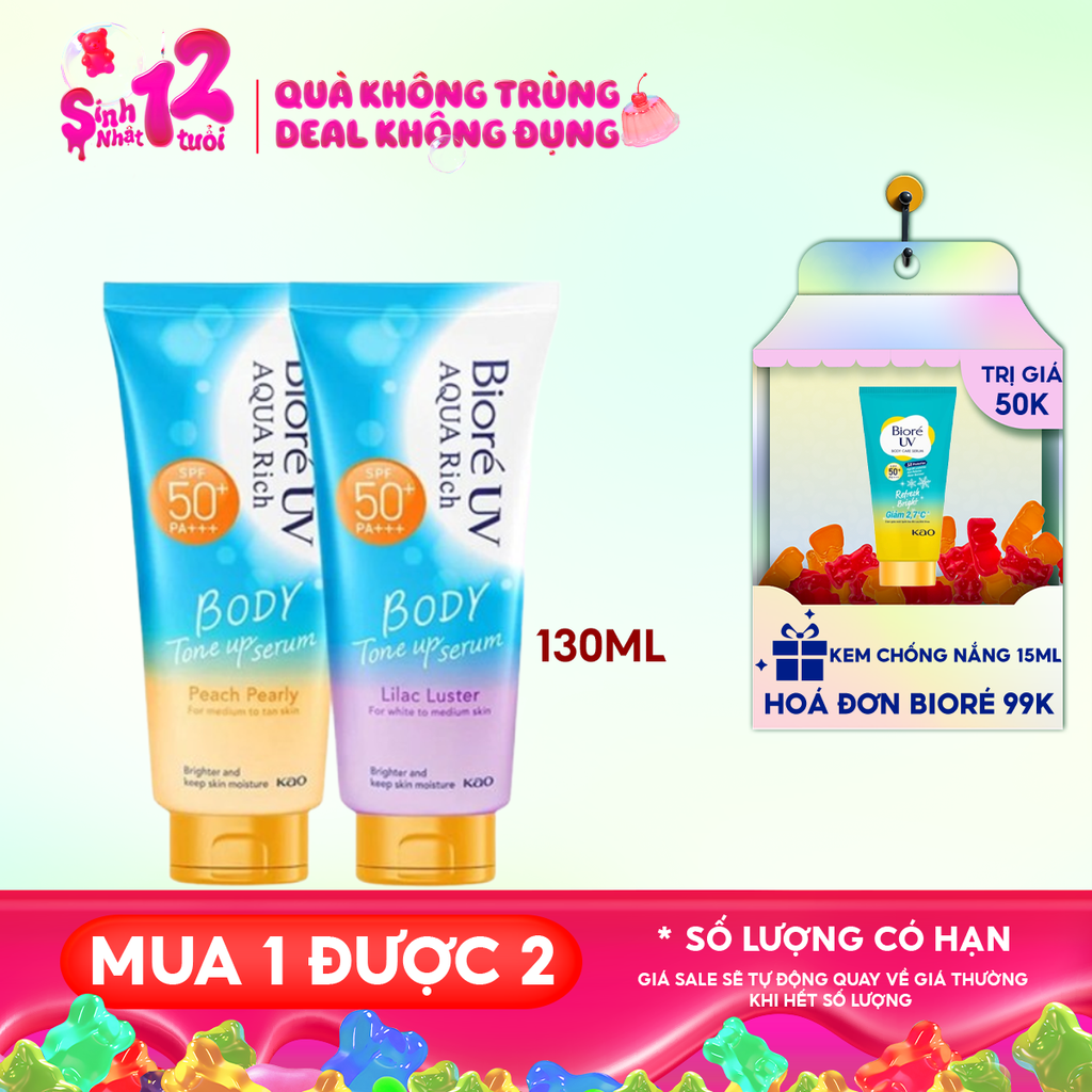 Serum Chống Nắng Dưỡng Thể Bioré Nâng Tông UV Aqua Rich Body Tone Up Serum SPF50+/PA+++ 130ml
