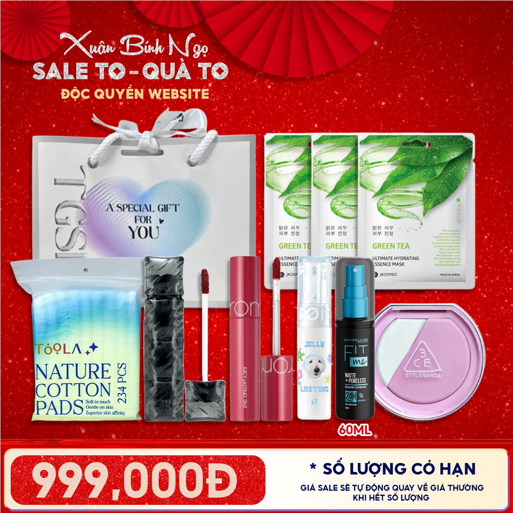 Túi Quà Tặng 999K: 3 Son Fullsize + 1 Má Hồng 3CE + 1 Xịt Khóa Nền Maybelline + 1 Bông Tẩy Trang 234M + 3 Mặt Nạ + Túi