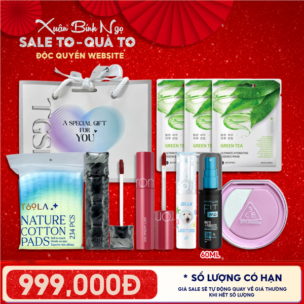  Túi Quà Tặng 999K: 3 Son Fullsize + 1 Má Hồng 3CE + 1 Xịt Khóa Nền Maybelline + 1 Bông Tẩy Trang 234M + 3 Mặt Nạ + Túi 