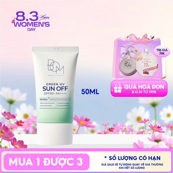  Kem Chống Nắng B.O.M Dưỡng Ẩm Nhẹ Dịu Cho Mọi Loại Da Green UV Sun Off SPF50+/PA++++ 50ml 