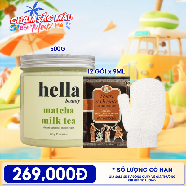  Combo Travel: Găng Tay Tắm Tẩy Tế Bào Chết LMLTOP Làm Sạch Da Bath Gloves + Tẩy Tế Bào Chết Body Hella Beauty Deluxe Scrub + Dây 12 Gói Sữa Tắm Tesori d'Oriente Aromatic Bath Cream 