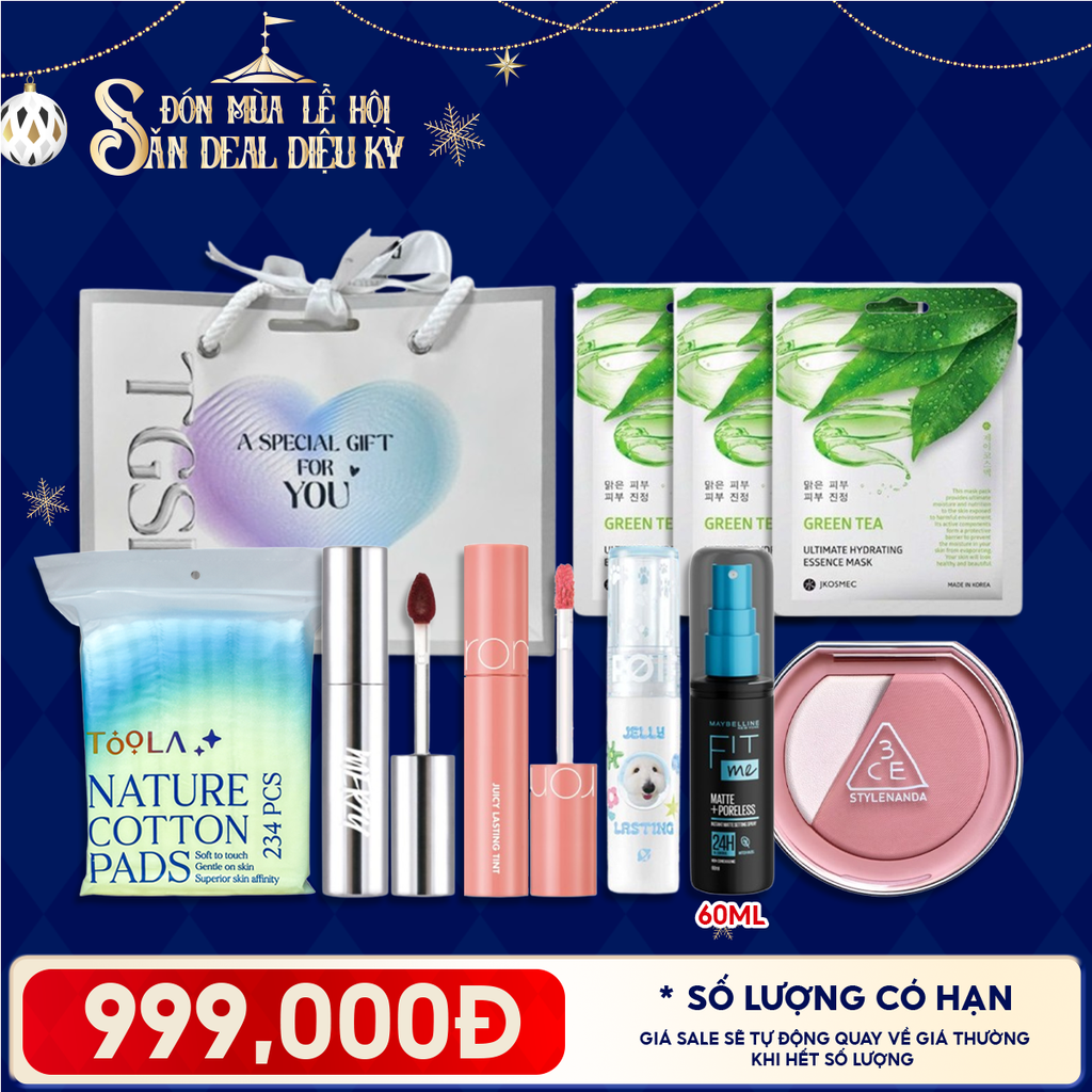 Túi Quà Giáng Sinh 999K: 3 Son Fullsize + 1 Má Hồng 3CE + 1 Xịt Khóa Nền Maybelline + 1 Bông Tẩy Trang 234M + 3 Mặt Nạ + Túi